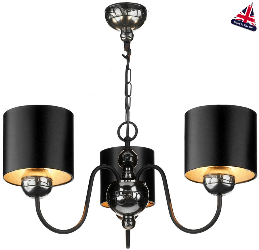 David Hunt Garbo 3 Light Pewter Chandelier Black Shades Silver Lining