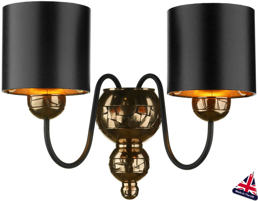 David Hunt Garbo Bronze Twin Wall Light Black Shades Gold Lined