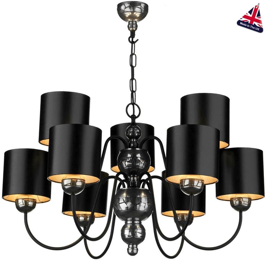 David Hunt Garbo 9 Light Pewter Chandelier Black Shades Silver Lined