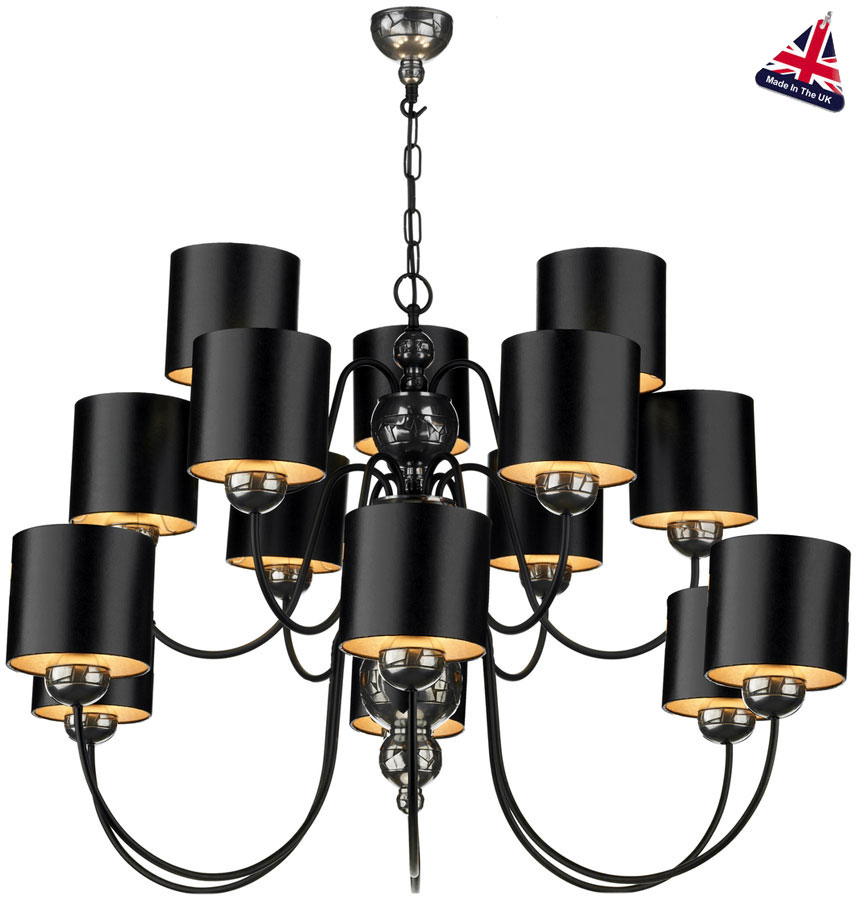 David Hunt Garbo 15 Light Pewter Chandelier Black Shades Silver Lined