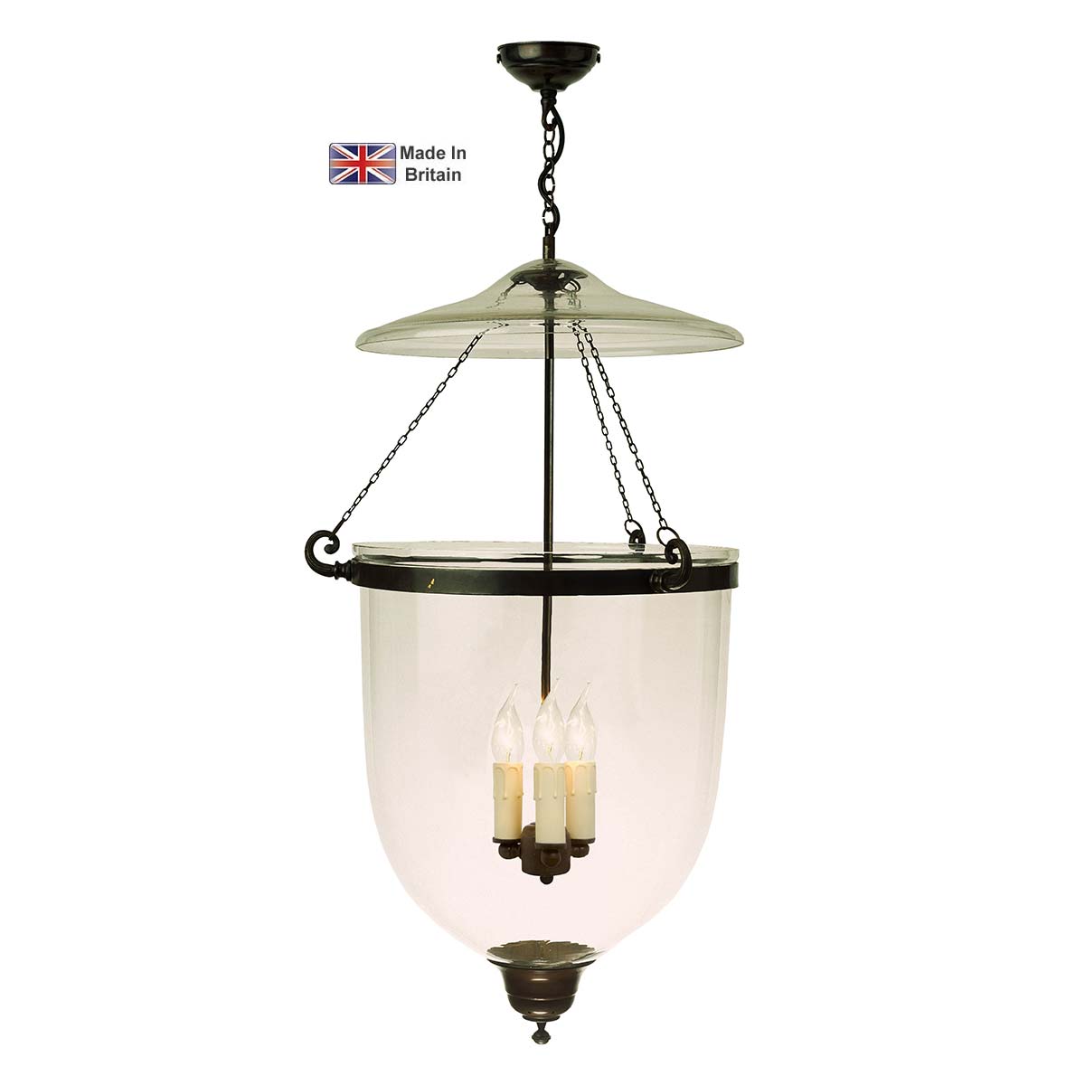Large Antique Finish 3 Light Georgian Hanging Glass Lantern