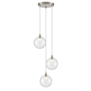 Franklite Galaxy 3 light pendant with clear glass globe shades in satin nickel.