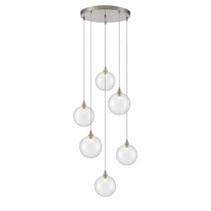 Franklite Galaxy 6 light pendant with clear glass globe shades in satin nickel.