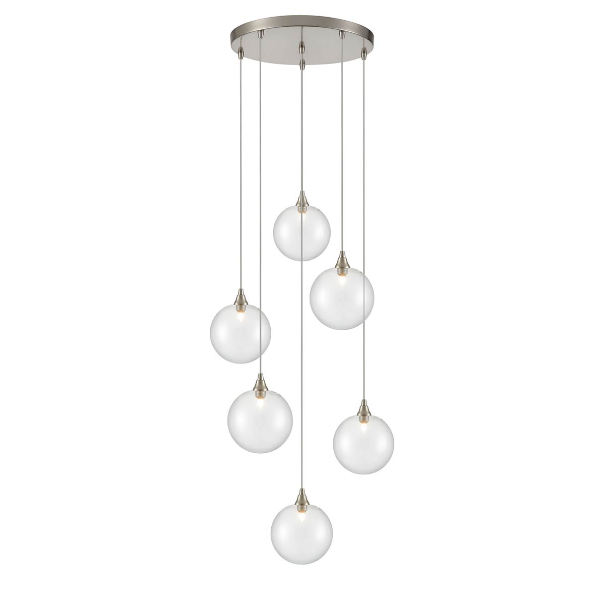 Galaxy 6 Light Pendant with Glass Globe Shades in Satin Nickel