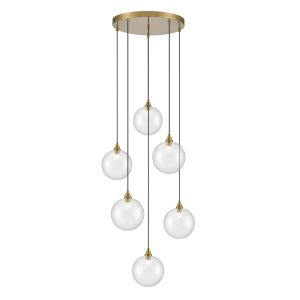 Franklite Galaxy 6 light pendant with clear glass globe shades in aged brass.