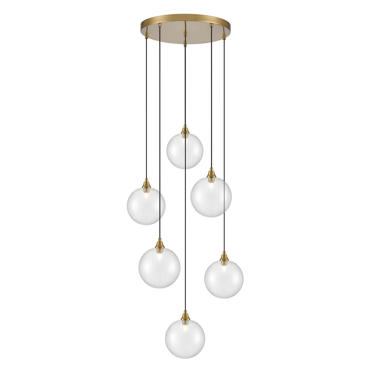 Galaxy 6 Light Pendant with Glass Globe Shades in Aged Brass