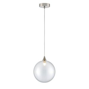 Franklite Galaxy single light pendant with 20cm diameter clear glass globe shade in satin nickel.
