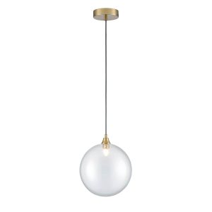 Franklite Galaxy single light pendant with 20cm diameter clear glass globe shade in aged brass.