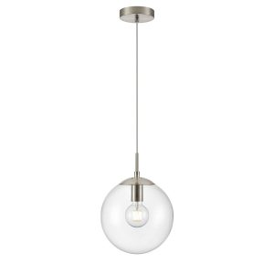 Franklite Galaxy pendant light with large clear glass globe shade in satin nickel.