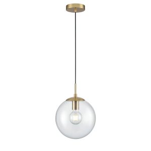 Franklite Galaxy single light pendant with large clear glass globe shade in aged brass.