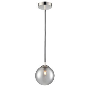Franklite Globe polished nickel IP44 pendant light with smooth smoked glass shade, full height on white background.