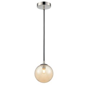 Franklite Globe polished nickel IP44 pendant light with smooth amber glass shade, full height on white background.