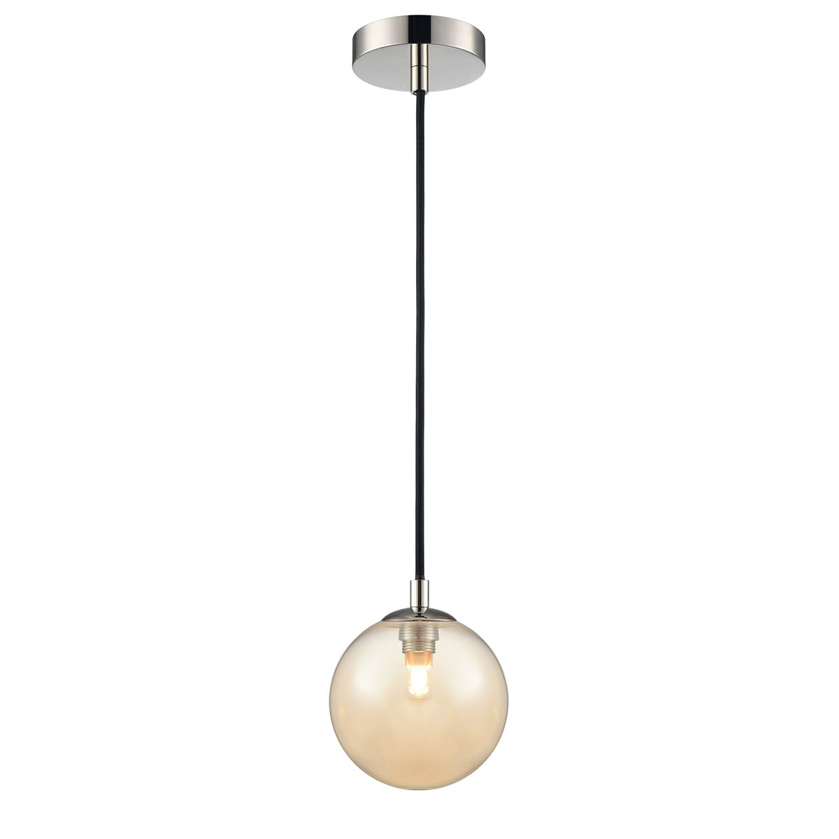 Globe Polished Nickel IP44 Pendant Light with Smooth Amber Glass