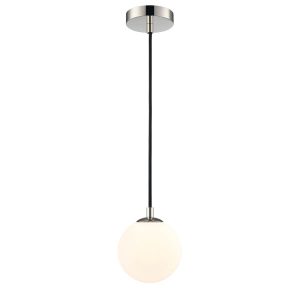Franklite Globe polished nickel IP44 pendant light with matt opal white glass shade, full height on white background.