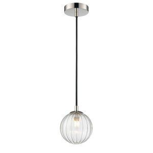 Franklite Globe polished nickel IP44 pendant light with clear ribbed glass shade, full height on white background.