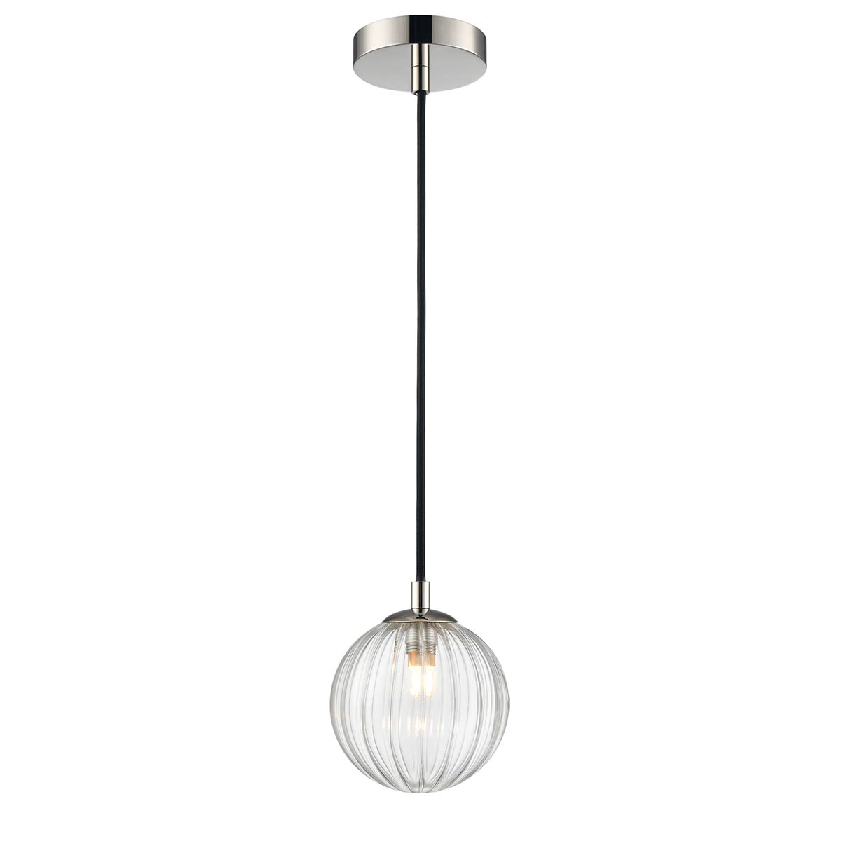 Globe Polished Nickel IP44 Pendant Light with Clear Ribbed Glass