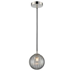 Franklite Globe polished nickel IP44 pendant light with ribbed smoked glass shade, full height on white background.