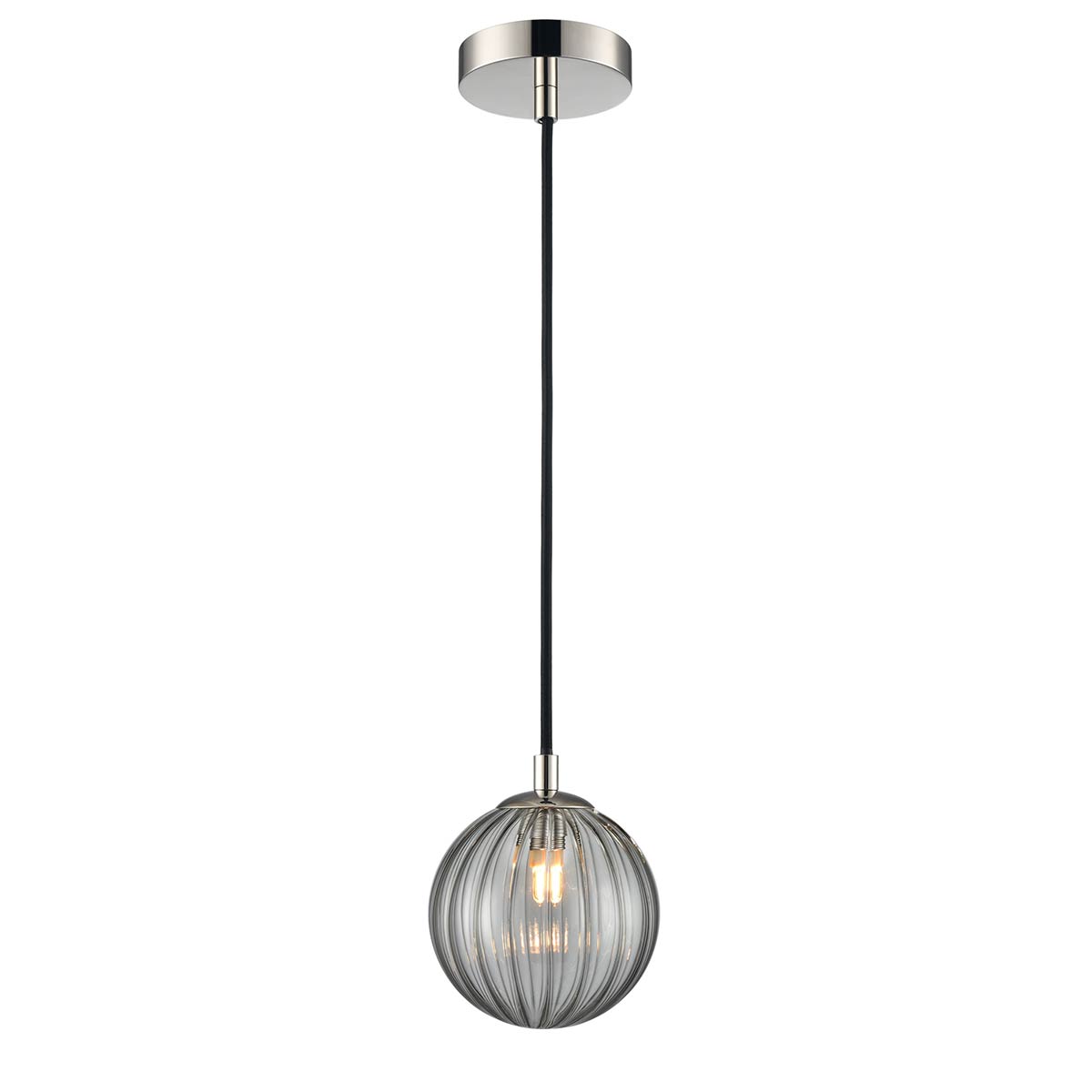 Globe Polished Nickel IP44 Pendant Light with Ribbed Smoked Glass
