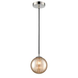 Franklite Globe polished nickel IP44 pendant light with ribbed amber glass shade, full height on white background.