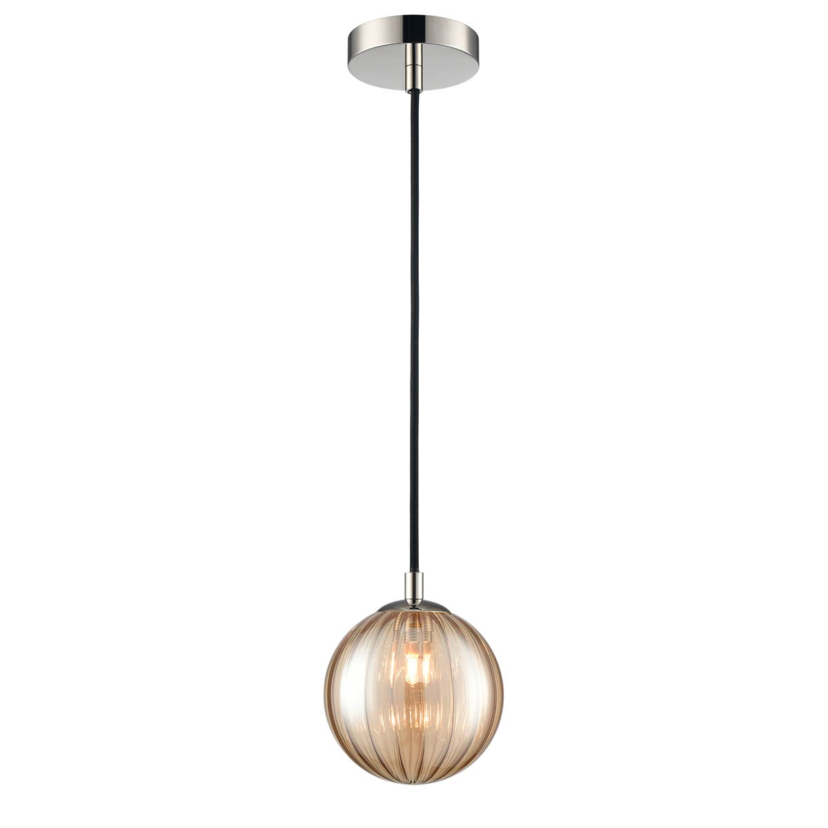 Globe Polished Nickel IP44 Pendant Light with Ribbed Amber Glass