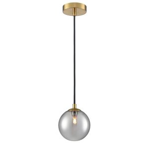 Franklite Globe IP44 rated pendant light in aged brass with smooth smoked glass shade, full height on white background.