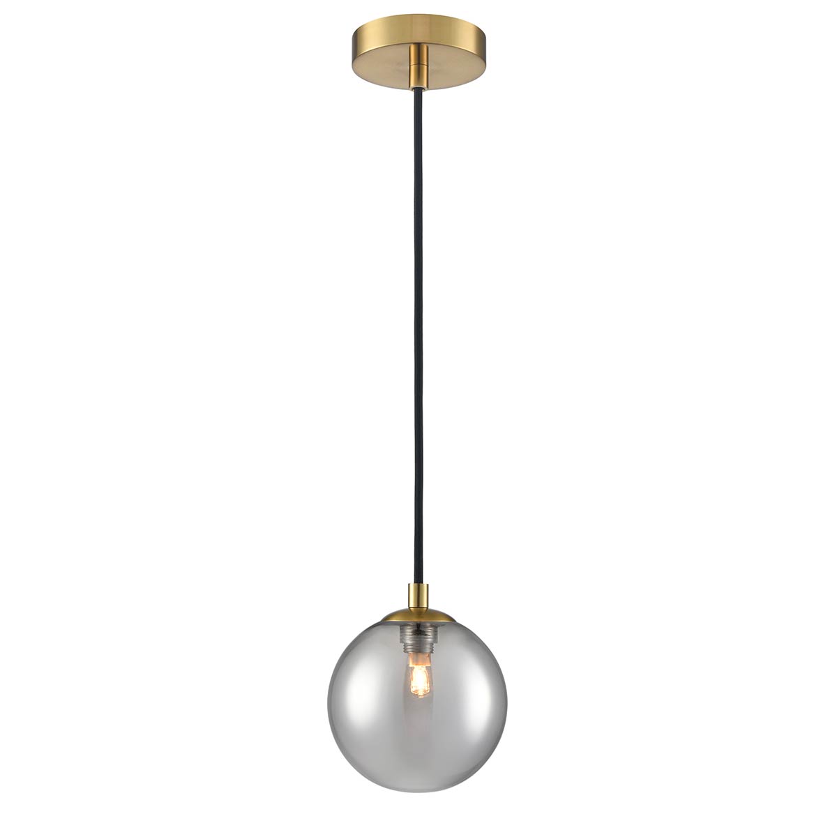 Franklite Globe IP44 rated pendant light in aged brass with smooth smoked glass shade, full height on white background.