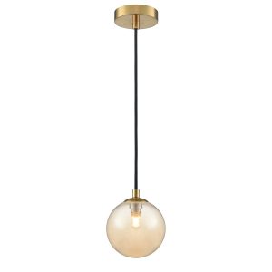 Franklite Globe bathroom pendant light in aged brass with smooth amber glass shade, on white background.