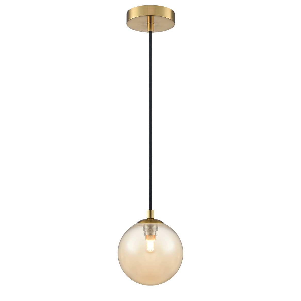 Franklite Globe bathroom pendant light in aged brass with smooth amber glass shade, on white background.