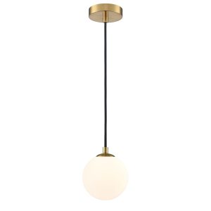 Franklite Globe bathroom pendant light in aged brass with matt opal glass shade, on white background.