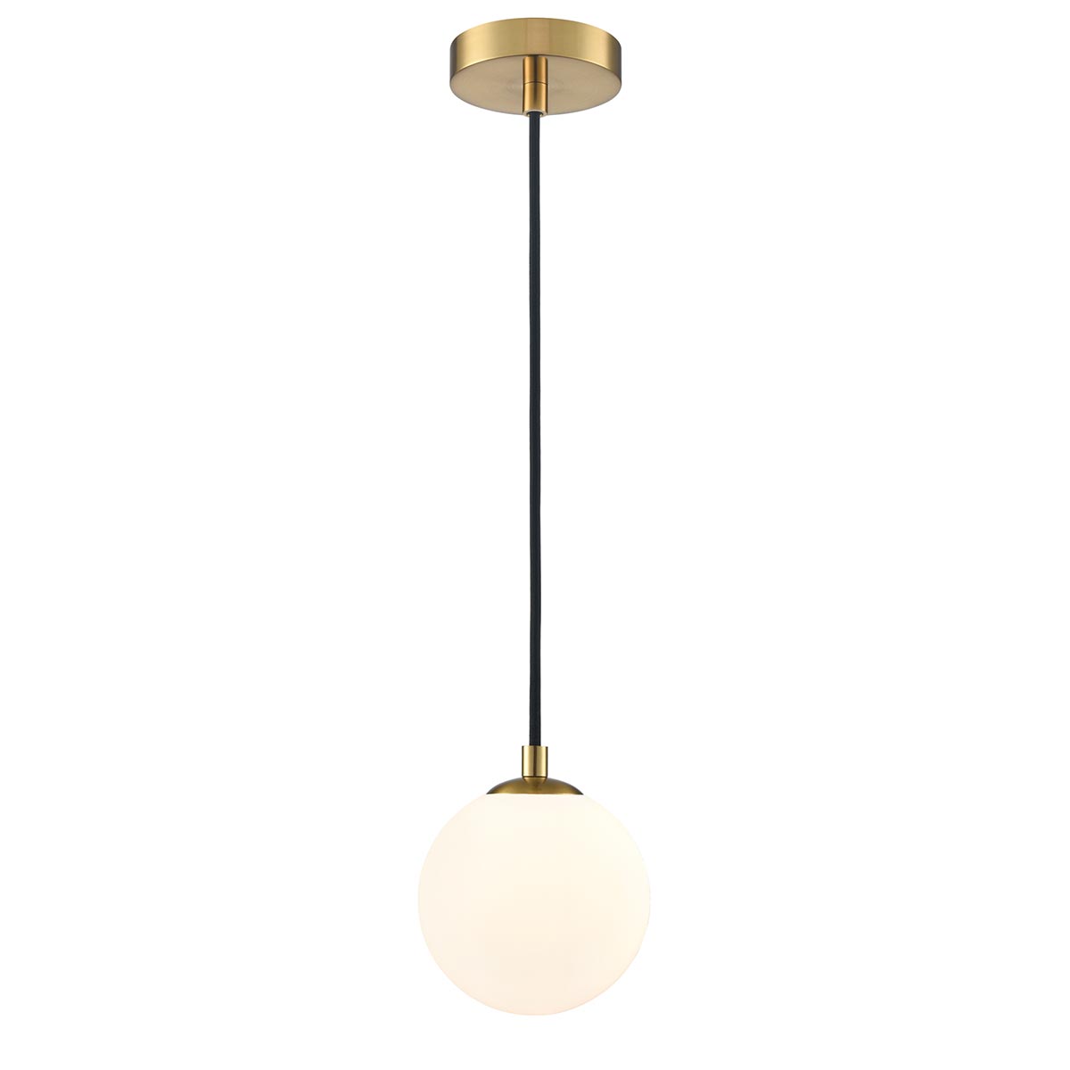 Franklite Globe bathroom pendant light in aged brass with matt opal glass shade, on white background.
