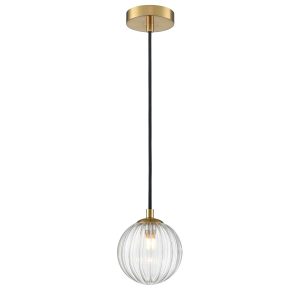 Franklite Globe bathroom pendant light in aged brass with ribbed clear glass shade, on white background.