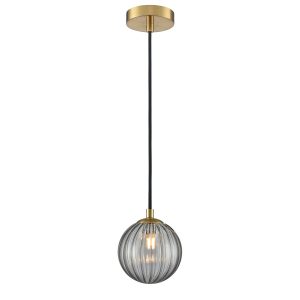 Franklite Globe IP44 rated pendant light in aged brass with ribbed smoked glass shade, full height on white background.