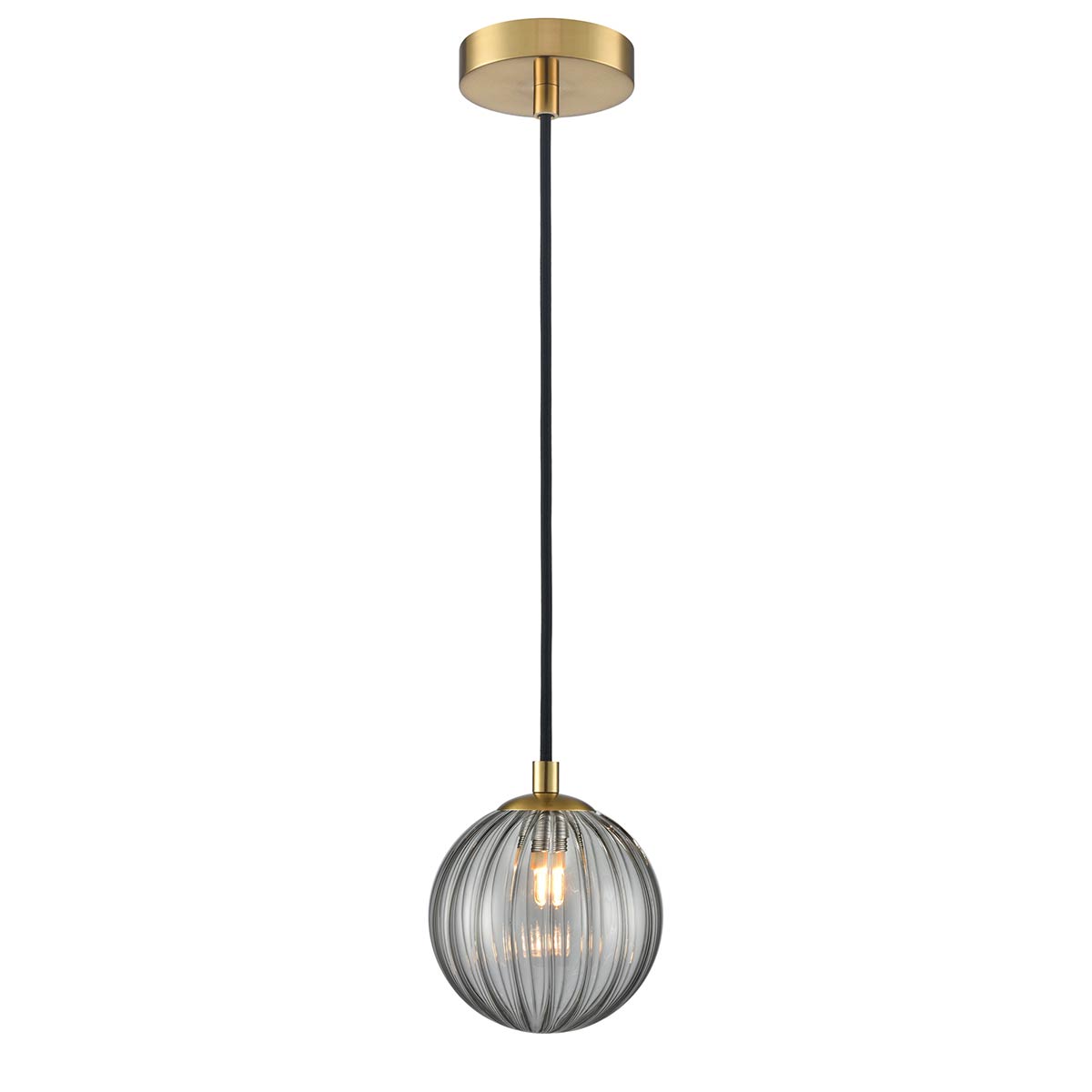 Franklite Globe IP44 rated pendant light in aged brass with ribbed smoked glass shade, full height on white background.