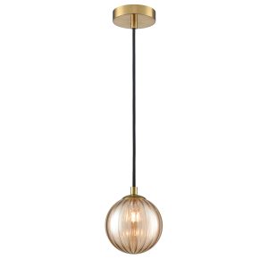 Franklite Globe bathroom pendant light in aged brass with ribbed amber glass, on white background.