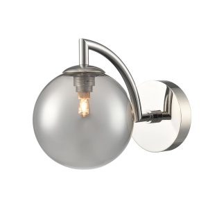 Franklite Globe single polished nickel bathroom wall light with smooth smoked glass shade, on white background.