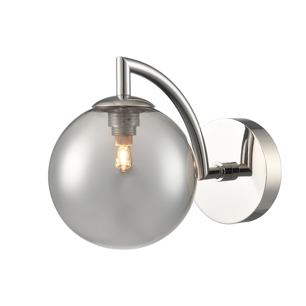 Globe Single Polished Nickel Bathroom Wall Light With Smooth Smoked Glass