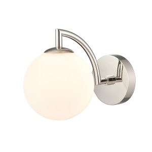 Franklite Globe single polished nickel bathroom wall light with opal glass shade, on white background.
