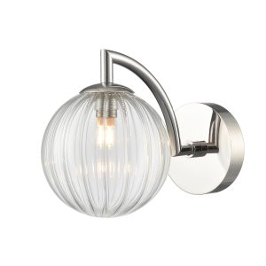 Franklite Globe single polished nickel bathroom wall light with clear ribbed glass shade, on white background.
