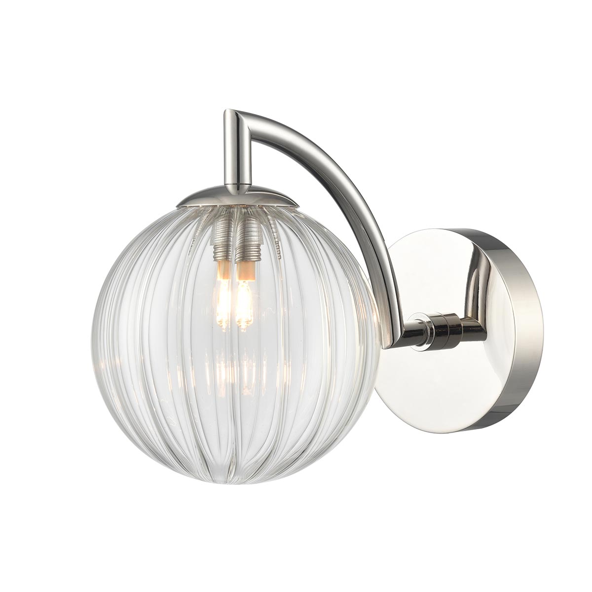 Globe Single Polished Nickel Bathroom Wall Light With Clear Ribbed Glass