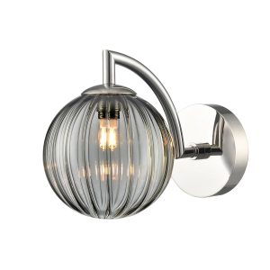 Franklite Globe single polished nickel bathroom wall light with smoked ribbed glass shade, on white background.