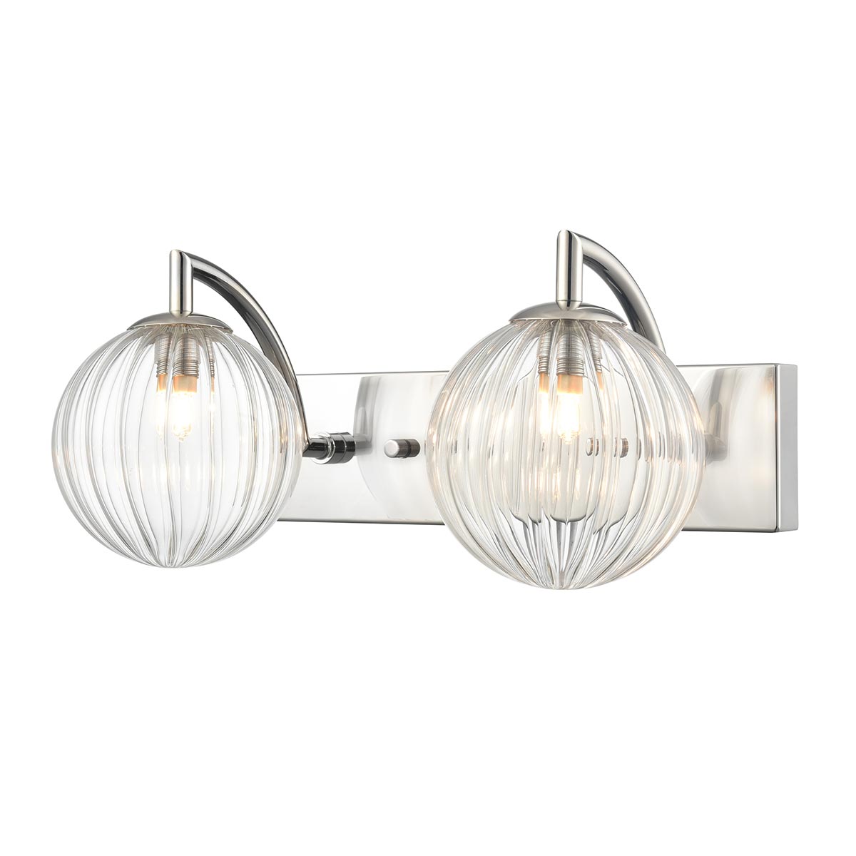 Franklite Globe twin polished nickel bathroom wall light with clear ribbed glass globe shades, on white background.