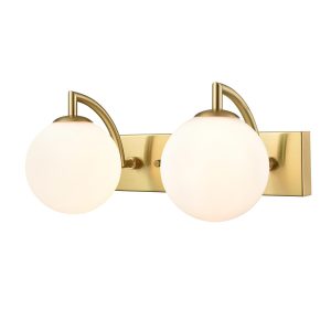 Franklite Globe twin aged brass bathroom wall light with matt white opal glass globe shades, on white background.