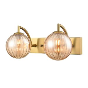 Franklite Globe twin bathroom wall light in aged brass with amber ribbed glass globe shades, on white background.