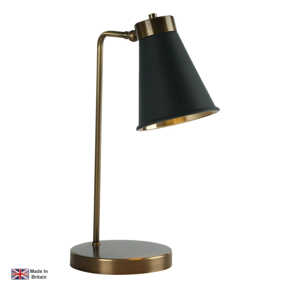 David Hunt Lighting Hyde solid brass table lamp in antique finish, shown with smoke blue shade.