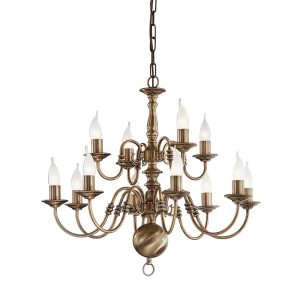 Franklite Halle 12 light 2-tier chandelier in bronzed solid brass on white background.