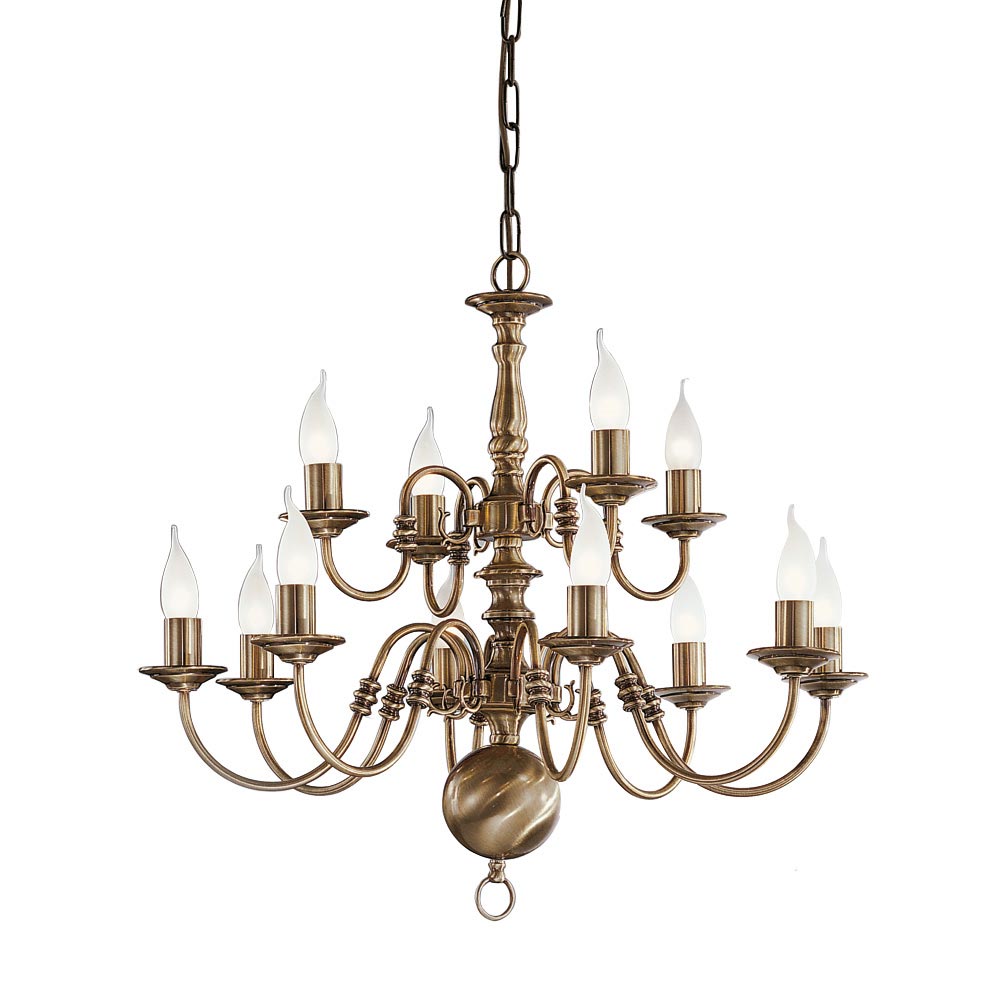 Large Flemish Style 12 Light 2-Tier Chandelier Bronzed Solid Brass