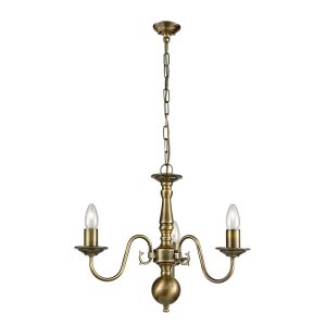 Franklite PE7933 Halle 3 light traditional chandelier in bronzed solid brass, on white background.