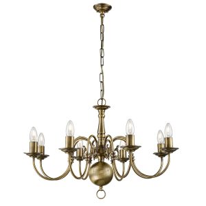 Franklite PE7938 Halle 8 light traditional chandelier in bronzed solid brass, on white background.