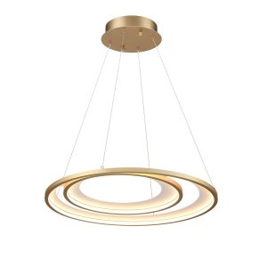 Franklite Halo 2 ring modern LED ceiling pendant in matt gold and white, full height on white background.