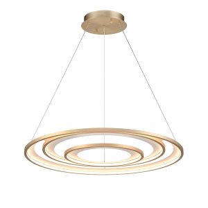 Franklite Halo 3 ring modern LED ceiling pendant in matt gold and white, full height on white background.